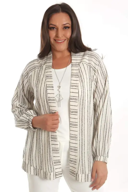 Angelino Plus Size Striped Oversize Brown Jacket - BÜYÜKBEDENIZ