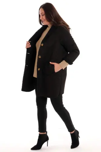 Angelino Plus Size Suede Black Coat with Fur Inside - 4