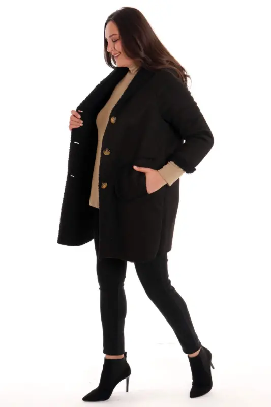 Angelino Plus Size Suede Black Coat with Fur Inside - 4