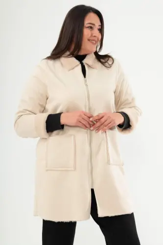 Angelino Plus Size Suede Furred Beige Coat Inside - 2