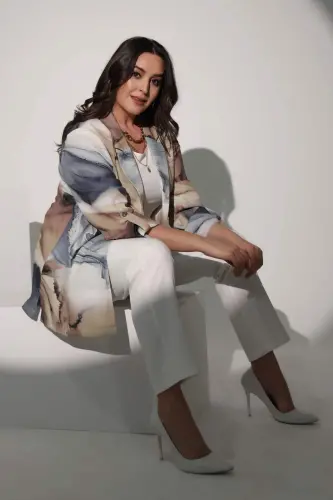 Angelino Plus Size Tie-Dye Pattern Wrap Collar Gray Jacket - 2