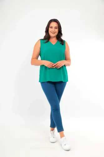 Angelino Plus Size V-Neck Sleeveless Blouse with Slit Detail Green - BÜYÜKBEDENIZ (1)