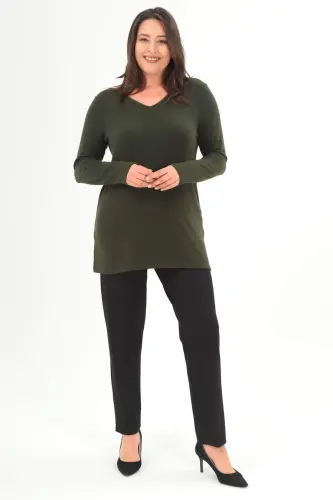 Angelino Plus Size V-Neck Slit Basic Khaki Blouse - BÜYÜKBEDENIZ (1)