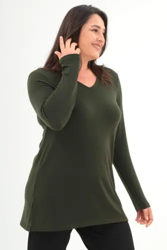 Angelino Plus Size V-Neck Slit Basic Khaki Blouse - 3