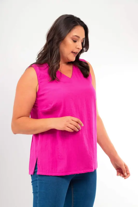 Angelino Plus Size V-neck Slit Detail Sleeveless Fuchsia Blouse - 3