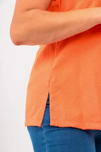 Angelino Plus Size V-Neck Slit Detail Sleeveless Orange Blouse - 4