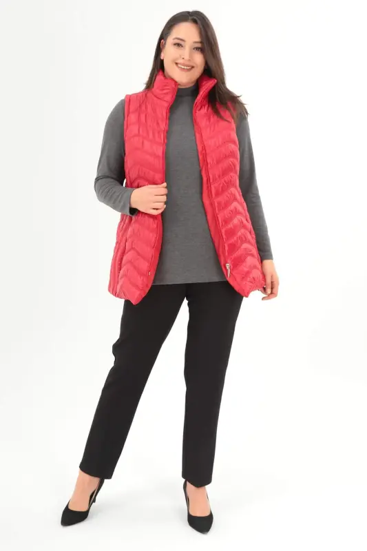 Angelino Plus Size Wave Pattern Quilted Red Vest - 2