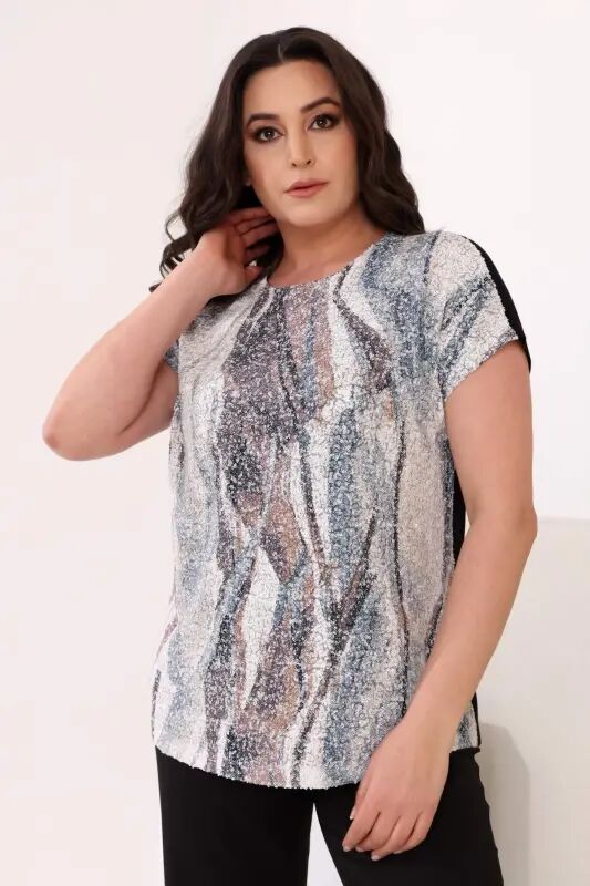 Angelino Plus Size Wave Pattern Sequins Low Sleeve Black Blouse - 1