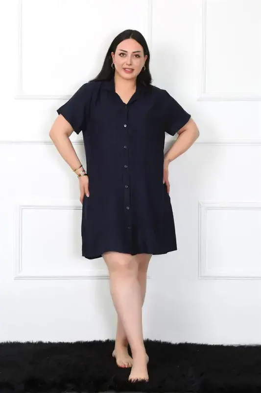 Angelino Plus Size Woven Buttoned Navy Tunic Nightgown 1022 - BÜYÜKBEDENIZ
