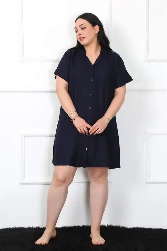 Angelino Plus Size Woven Buttoned Navy Tunic Nightgown 1022 - 2