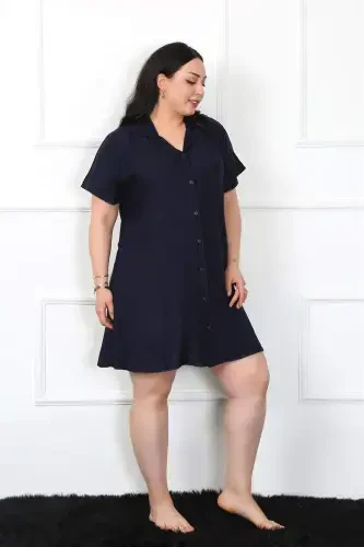 Angelino Plus Size Woven Buttoned Navy Tunic Nightgown 1022 - 3