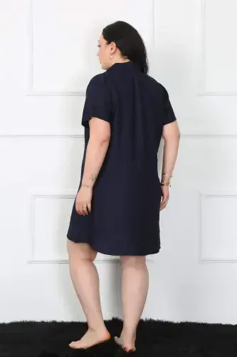 Angelino Plus Size Woven Buttoned Navy Tunic Nightgown 1022 - 4