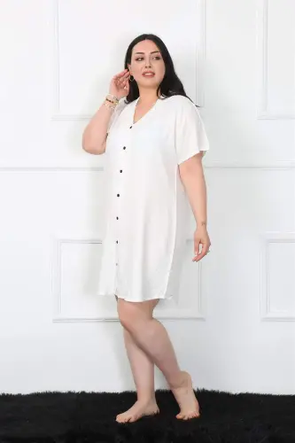Angelino Plus Size Woven Buttoned White Tunic Nightgown 1022 - 1