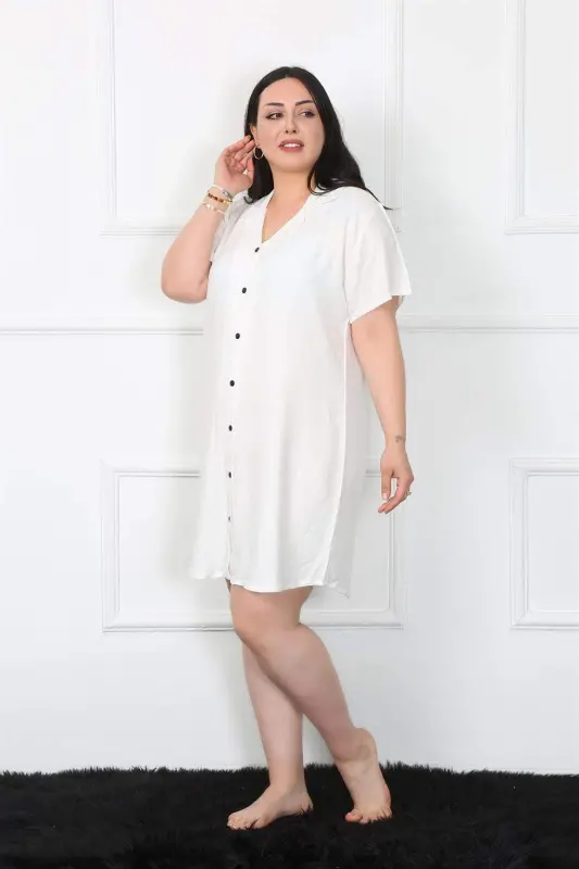 Angelino Plus Size Woven Buttoned White Tunic Nightgown 1022 - BÜYÜKBEDENIZ