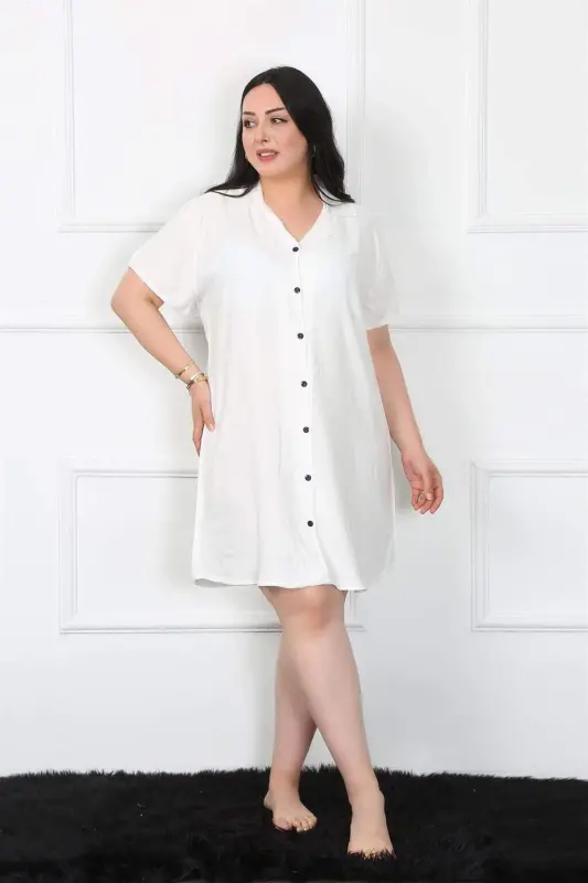 Angelino Plus Size Woven Buttoned White Tunic Nightgown 1022 - 2
