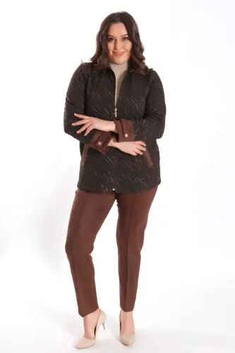 Angelino Plus Size Zipped Suede and Glitter Detailed Wave Patterned Brown Jacket - 5