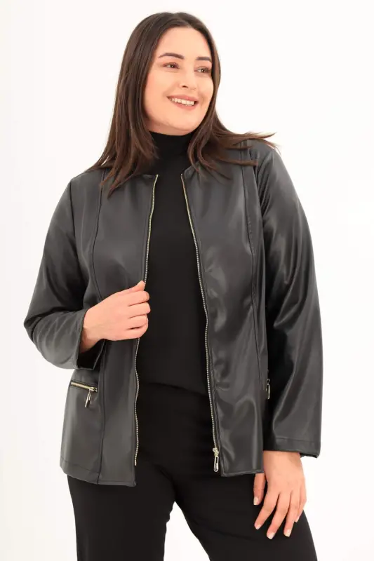 Angelino Plus Size Zippered Black Leather Jacket - BÜYÜKBEDENIZ