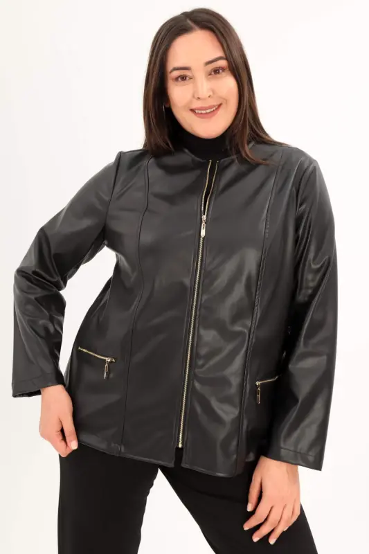 Angelino Plus Size Zippered Black Leather Jacket - 2