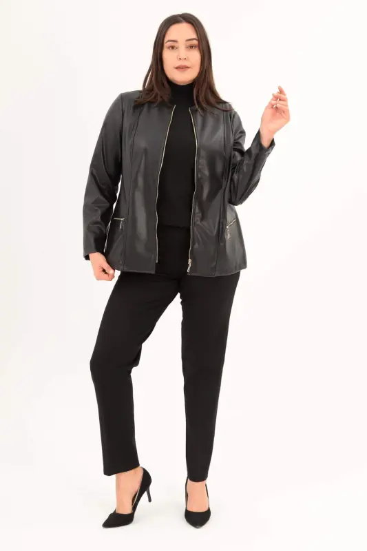 Angelino Plus Size Zippered Black Leather Jacket - 3