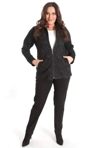 Angelino Plus Size Zippered Suede and Glitter Detailed Wave Patterned Black Jacket - 1