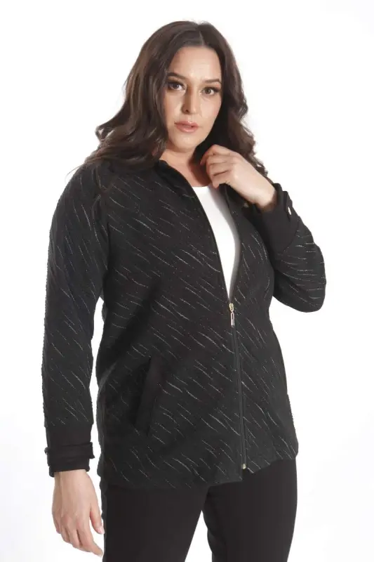 Angelino Plus Size Zippered Suede and Glitter Detailed Wave Patterned Black Jacket - 2