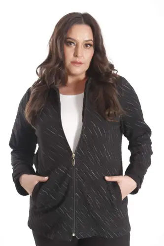 Angelino Plus Size Zippered Suede and Glitter Detailed Wave Patterned Black Jacket - 4