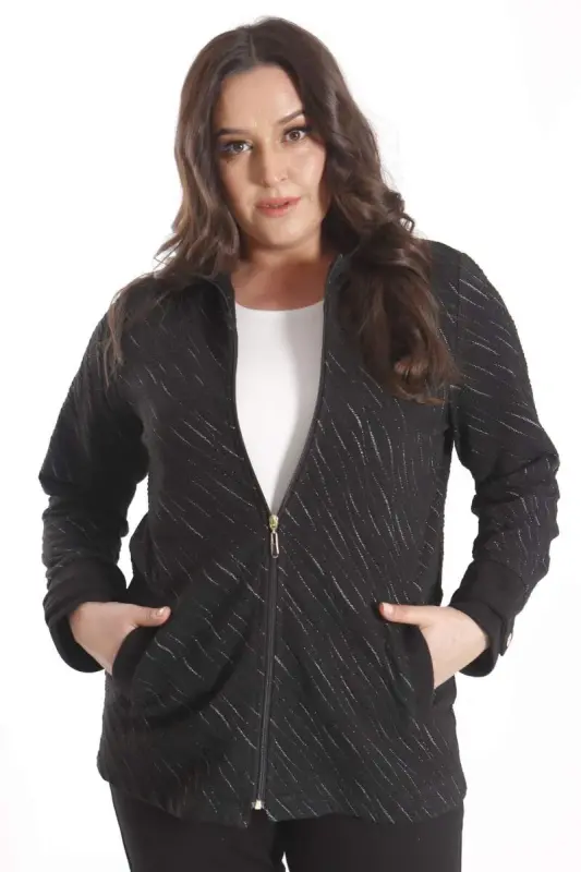 Angelino Plus Size Zippered Suede and Glitter Detailed Wave Patterned Black Jacket - 5