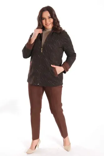 Angelino Plus Size Zippered Suede and Glitter Detailed Wave Patterned Brown Jacket - 1