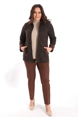 Angelino Plus Size Zippered Suede and Glitter Detailed Wave Patterned Brown Jacket - 3