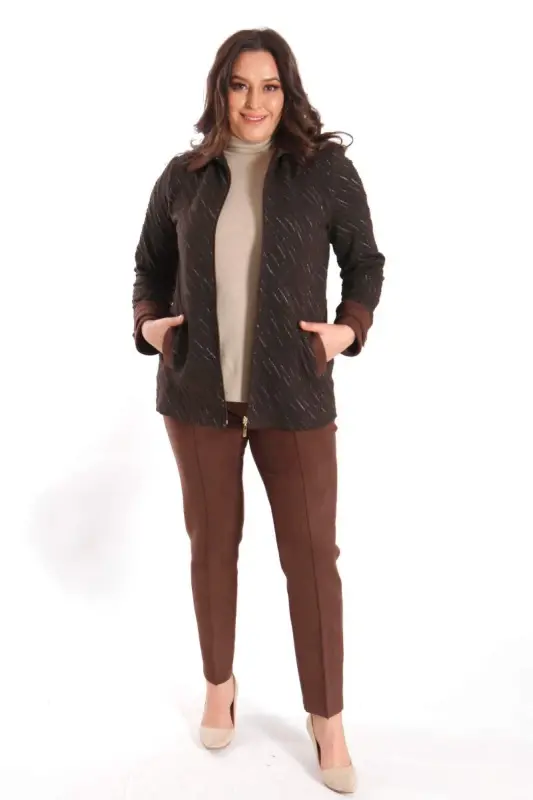 Angelino Plus Size Zippered Suede and Glitter Detailed Wave Patterned Brown Jacket - 3