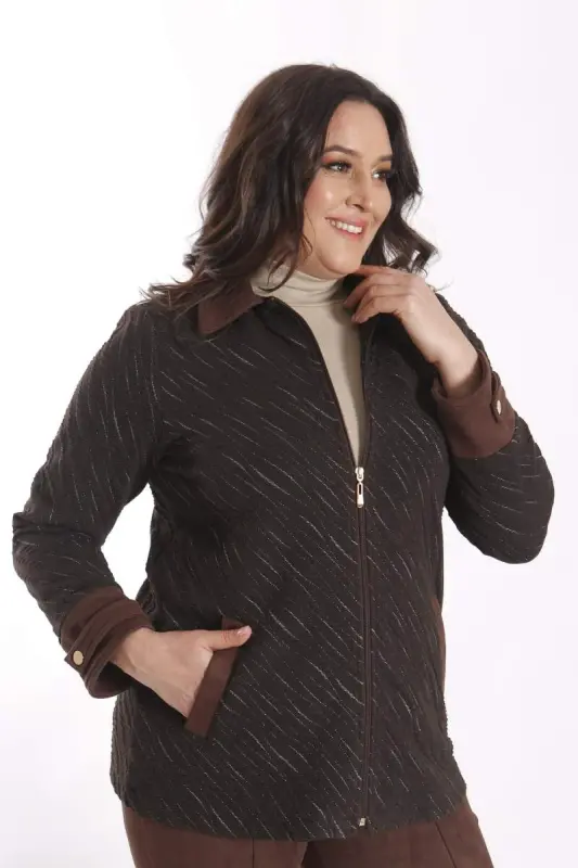 Angelino Plus Size Zippered Suede and Glitter Detailed Wave Patterned Brown Jacket - 4