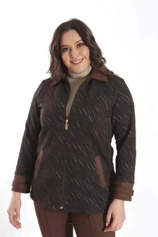 Angelino Plus Size Zippered Suede and Glitter Detailed Wavy Pattern Brown Jacket - 2