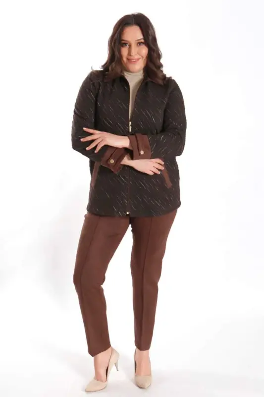 Angelino Plus Size Zippered Suede and Glitter Detailed Wavy Pattern Brown Jacket - 5