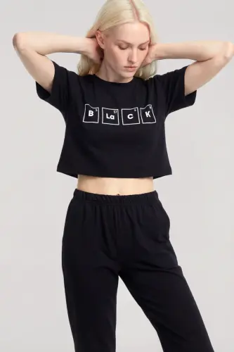 Angelino Printed Crop T-Shirt Pants Set Black - BÜYÜKBEDENIZ (1)