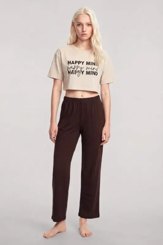 Angelino Printed Crop T-Shirt Pants Set Sand Brown - BÜYÜKBEDENIZ