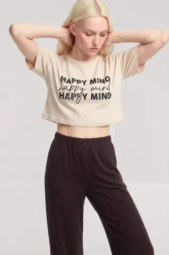 Angelino Printed Crop T-Shirt Pants Set Sand Brown - BÜYÜKBEDENIZ (1)
