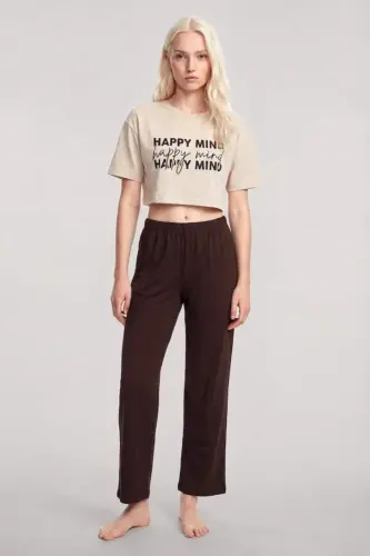 Angelino Printed Crop T-Shirt Pants Set Sand Brown - 1