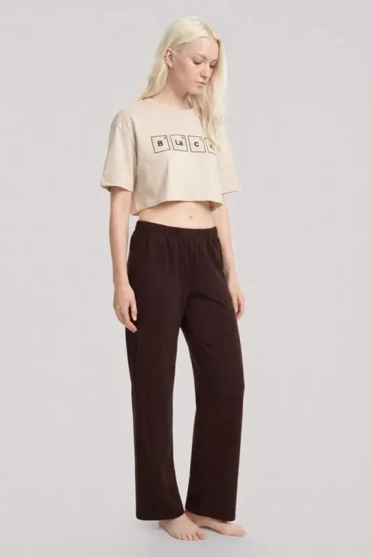 Angelino Printed Crop T-Shirt Pants Set Sand Brown - BÜYÜKBEDENIZ