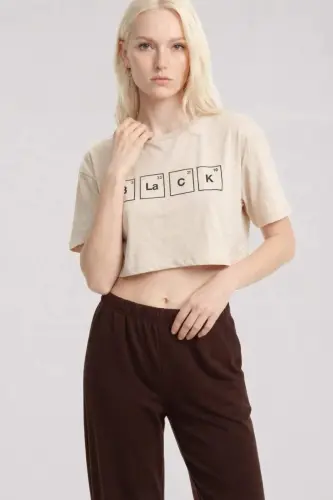 Angelino Printed Crop T-Shirt Pants Set Sand Brown - BÜYÜKBEDENIZ (1)