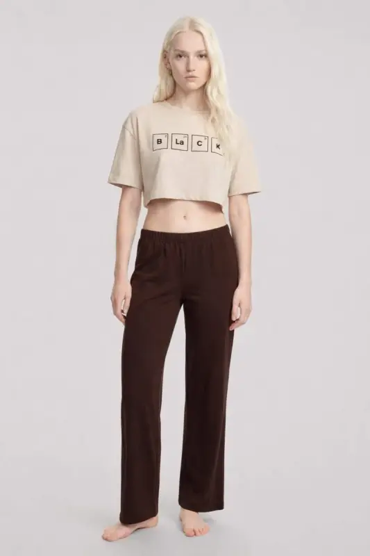 Angelino Printed Crop T-Shirt Pants Set Sand Brown - 3
