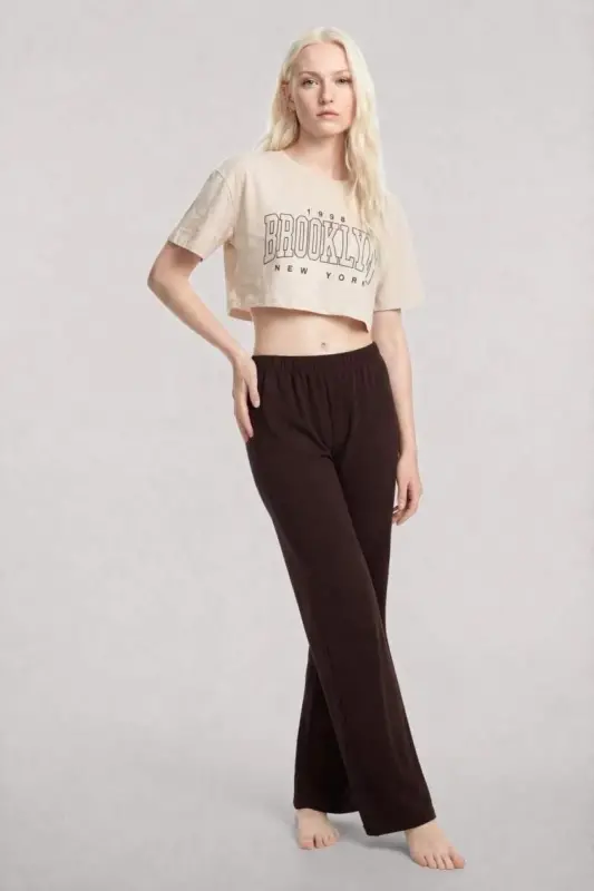 Angelino Printed Crop T-Shirt Pants Set Sand Coffee - BÜYÜKBEDENIZ