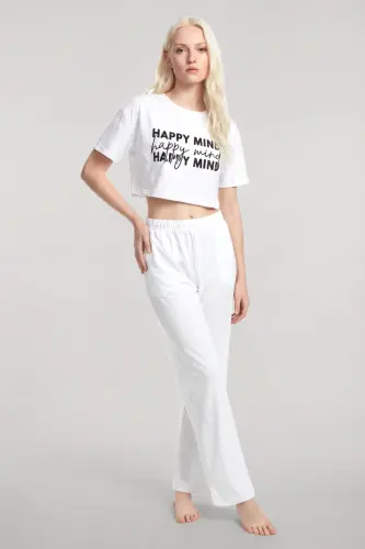 Angelino Printed Crop T-Shirt Pants Set White - 1