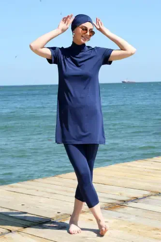 Angelino Qisqa Qol Lacivert Yarım Tesettür Mayo 33015 - 1