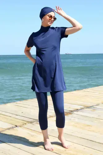 Angelino Qisqa Qol Lacivert Yarım Tesettür Mayo 33015 - 4