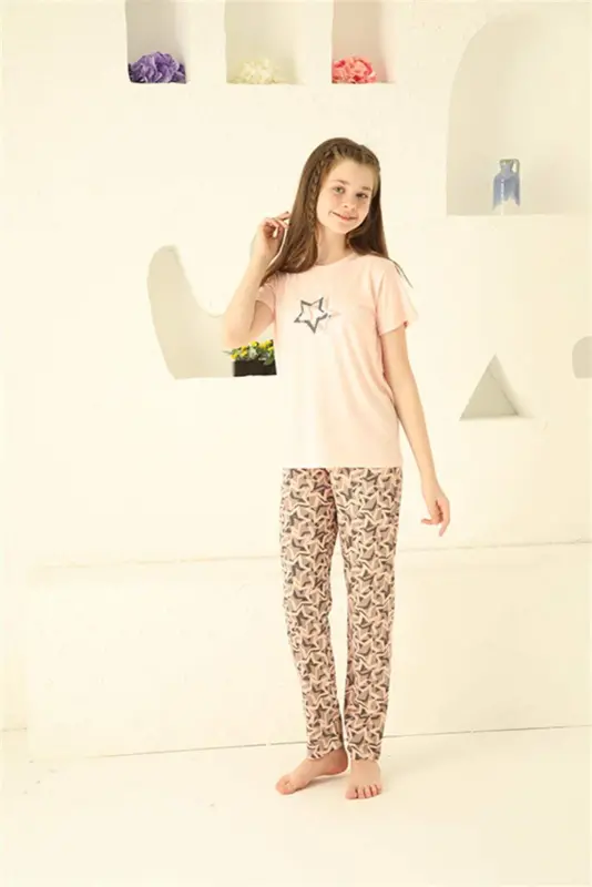 Angelino Qiz Bolalar Paxtali Kalta Yengli Pijama To‘plami 20364 - 3