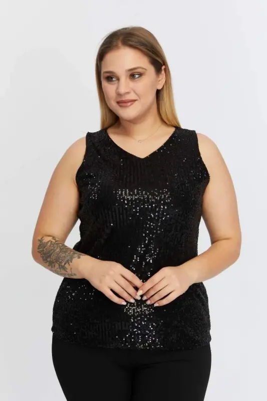 Angelino Sequin Plus Size Sleeveless Black Blouse - 1