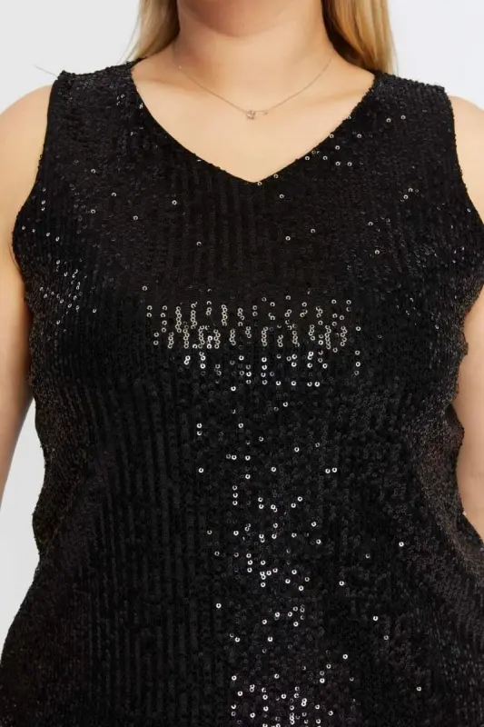 Angelino Sequin Plus Size Sleeveless Black Blouse - 2