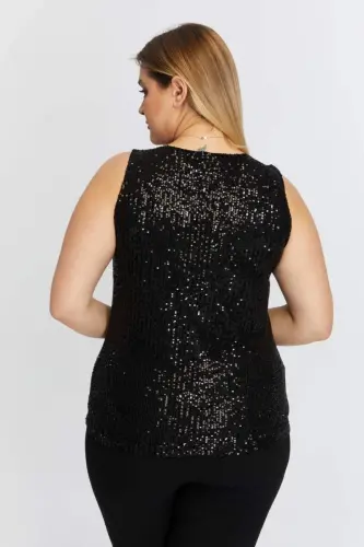 Angelino Sequin Plus Size Sleeveless Black Blouse - 5