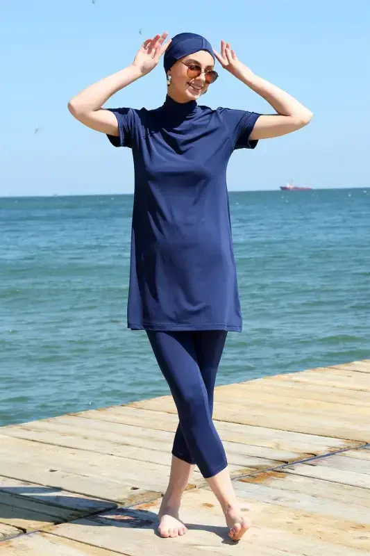 Angelino Short Sleeve Navy Blue Half Burkini Swimsuit 33015 - BÜYÜKBEDENIZ