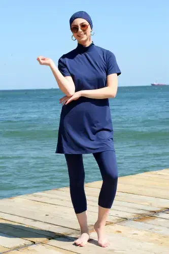 Angelino Short Sleeve Navy Blue Half Burkini Swimsuit 33015 - BÜYÜKBEDENIZ (1)